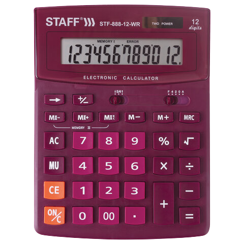 Калькулятор STAFF  STF-888-12  12 разрядов 200х150 мм бордо  Арт.250454