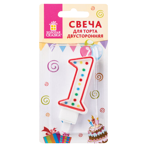 Свеча цифра "1" двухсторон. 8,5см с конфетти Золотая сказка Арт.591394