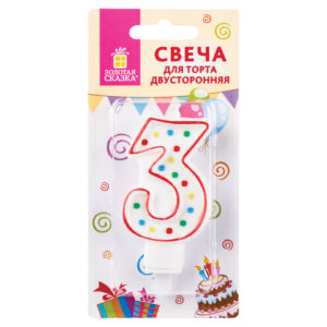591396 Свеча цифра "3" двухсторон. 8,5см с конфетти Золотая сказка,блистер Арт.591396