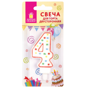 591397 Свеча цифра "4" двухсторон. 8,5см с конфетти Золотая сказка Арт.591397