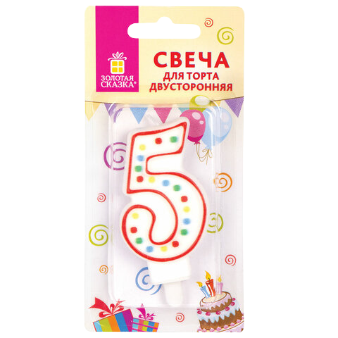 Свеча цифра "5" двухсторон. 8,5см с конфетти Золотая сказка Арт.591398