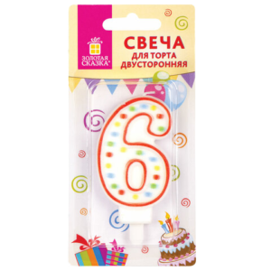 591399 Свеча цифра "6" двухсторон. 8,5см с конфетти Золотая сказка Арт.591399