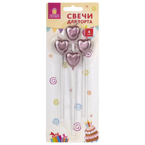 Набор свечей для торта "Сердца на длинных пиках" 4шт Золотая сказка  Арт.591454