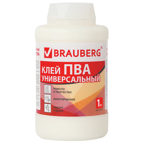 Клей ПВА BRAUBERG, 1 кг, универсальный (бумага, картон, дерево), 600983