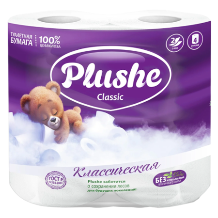 Туалетная бумага Plushe Classic 2-х слойное18м ,12упак на 4 рул.Белая