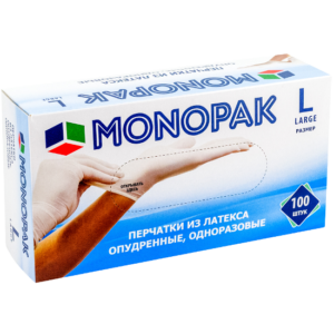 перчатки латексные опудренные Monopak L (100шт) перчатки латексные опудренные Monopak L (100шт)