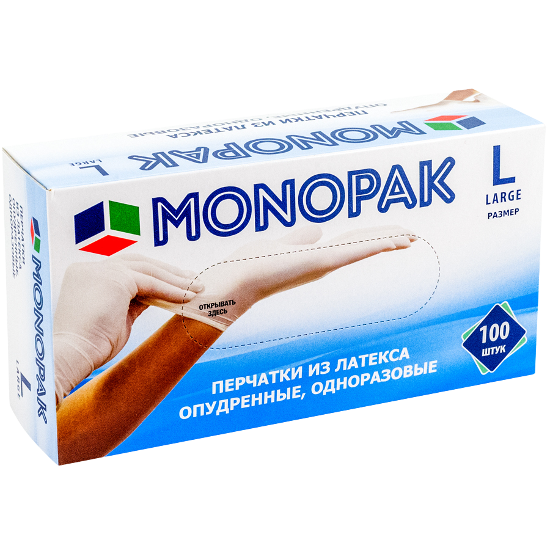 перчатки латексные опудренные Monopak L (100шт)