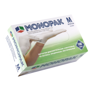 перчатки латексные опудренные Monopak М(100шт) перчатки латексные опудренные Monopak М(100шт)