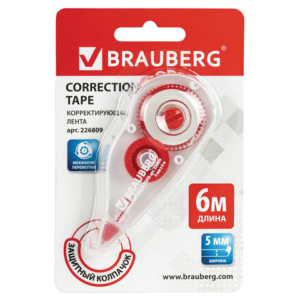 Корректирующая лента BRAUBERG, 5 мм х 6 м, корпус красный, механизм перемотки, блистер, 226809