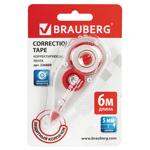 Корректирующая лента BRAUBERG, 5 мм х 6 м, корпус красный, механизм перемотки, блистер, 226809