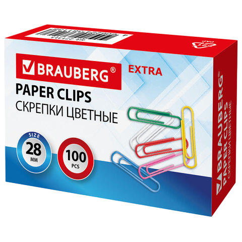 Скрепки EXTRA BRAUBERG 28 мм цветные 100 штук, Арт.271312
