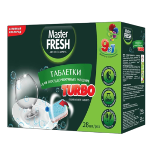Таблетки для посудомоечных машин Master FRESH TURBO 9в1в растровимой оболочке, 28шт Таблетки для посудомоечных машин Master FRESH TURBO 9в1в растровимой оболочке, 28шт